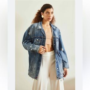 ZARA TRAFALUC Long Oversized Denim Distressed Button Up Jacket Size M, Blue